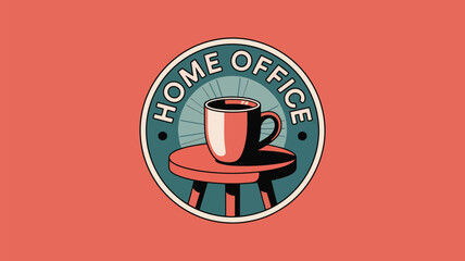 Illustration of a coffee cup on a stool inside a home office badge with a salmon colored background