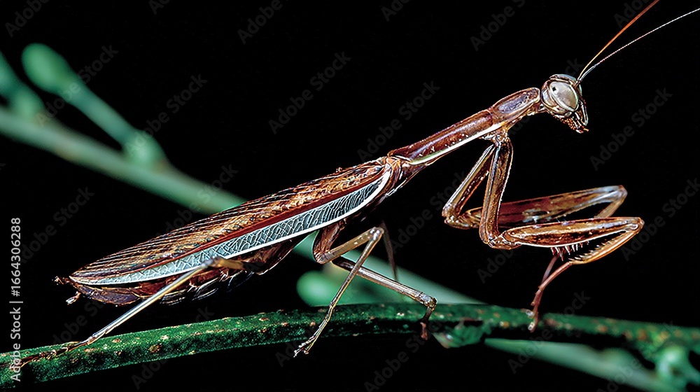Poster a close-up of a praying mantis on a green stem in a dark background with a black background