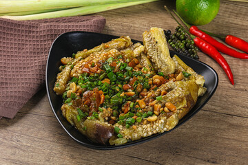 Asian cuisine baked eggplant with peanut