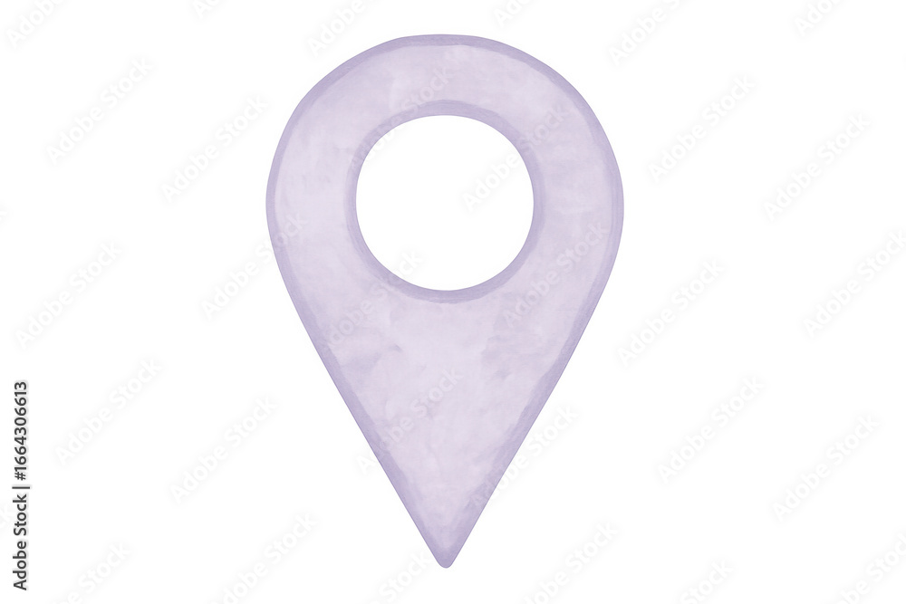 Poster purple watercolor location pin representing navigation and positioning, floating on transparent surf