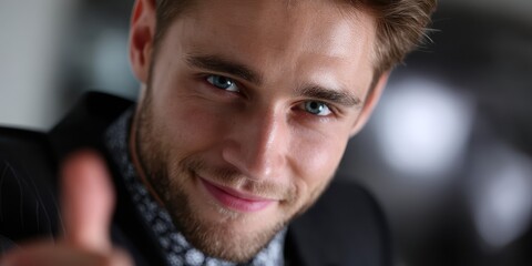 Young man in formal attire smiling and giving a thumbs up at a professional event during the day