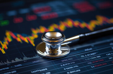 Stethoscope on a stock market graph, close-up photo of medical accessories, medical instruments used in medicine and healthcare, watcher or doctor's chart with a background of trading charts, stock ph