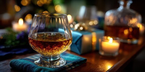 Elegant glass of whiskey on a wooden table surrounded by festive decorations and candles during a cozy evening gathering
