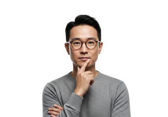 Man with glasses thinking with finger on chin isolated on transparent background