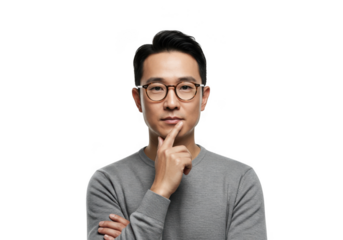 Man with glasses thinking with finger on chin isolated on transparent background