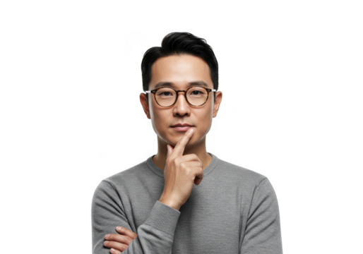 Man with glasses thinking with finger on chin isolated on transparent background