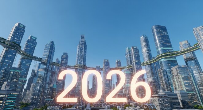 Large glowing 2026 number in a modern futuristic city with skyscrapers. Urban landscape with digital date. New year concept.