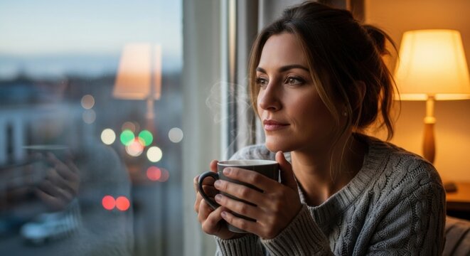 Woman holding warm beverage cup and looking through window on city view. Cozy home and slow living concept for winter.