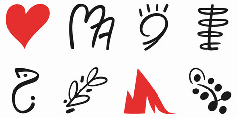 A collection of eight simple graphic icons including a heart, abstract shapes, and a leafy branch