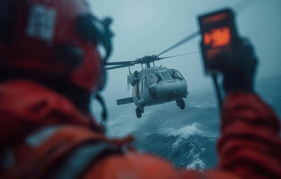 A picture of a rescue mission in process shows a helicopter hovering over the sea as a crew member displays an activated EPIRB to send out a distress signal with waves visible.