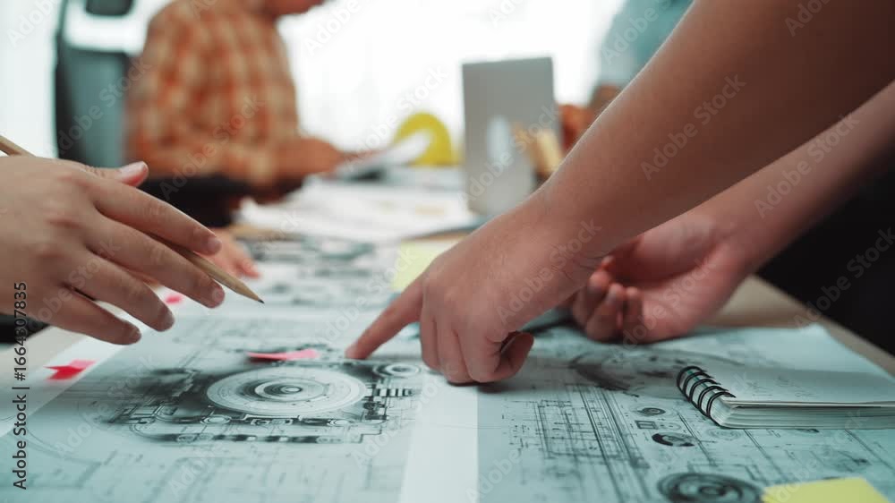 Poster engineers engage in a collaborative workspace, analyzing technical drawings and designs. the bright 