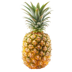 Fototapeta premium Close-up of a single pineapple, vibrant yellow-gold skin, and a crown of bright green leaves