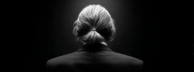 Minimalistic portrait capturing slicked hair and formal attire against a dark backdrop