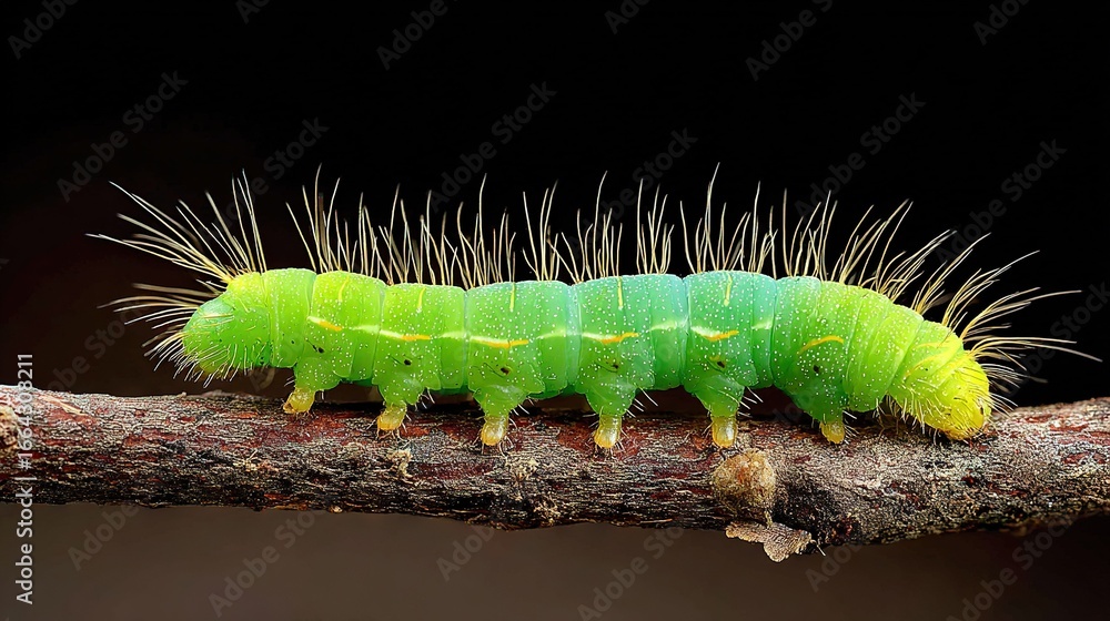 Poster close-up image of a caterpillar on a branch with multiple caterpillars on its back