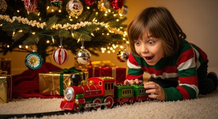 Little child playing with toy train under blinking Christmas tree. Kid enjoying present. December holiday joy and happy tradition.