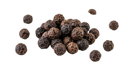Close-up of mixed black and pink peppercorns scattered for culinary and spice photography transparent background