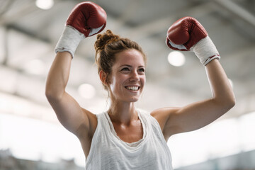 victorious woman boxer triumphantly raises her gloves in celebration embodying strength and success
