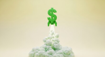 Green Dollar Sign Rocket Launching with Cloud Smoke on Beige Background