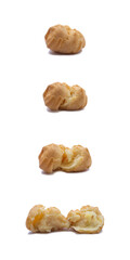 Many pieces of cream puffs are arranged in different order.