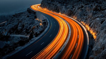   A stunning long exposure photo captures a highway winding through towering mountains against a dark night sky The majestic backdrop adds depth and intrigue, while the motion blur of passing cars