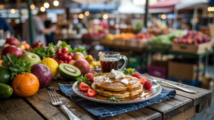 Fototapeta premium A farmer’s market breakfast stars pancakes with syrup