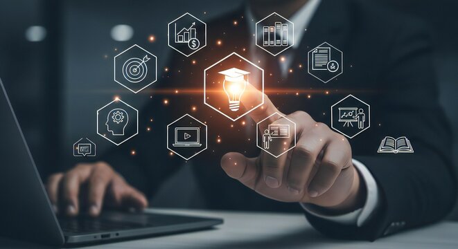Professional businessman touching glowing digital education icons, symbolizing learning, growth, and innovation in modern business. - Powered by Adobe