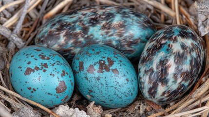 Four teal colored speckled bird eggs in a nest.