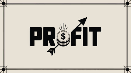 The word profit in black with an arrow going through a stack of coins inside a decorative border