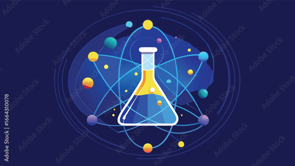 Poster a blue background with a laboratory flask, symbolizing a scientific theme and experimentation..eps