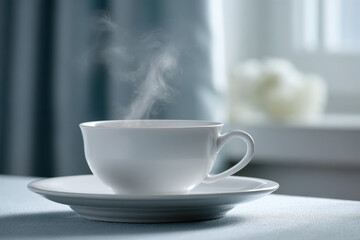 capture photorealistic representation of steaming coffee cup positioned elegantly against ultraclean modern