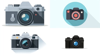 Four colorful flat-style illustrations of different photographic cameras, varying in color, detail and view