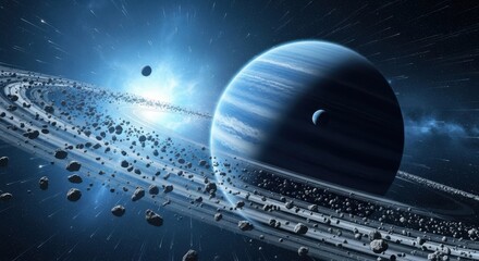 Majestic Blue Gas Giant Planet with Extensive Rings and Moons