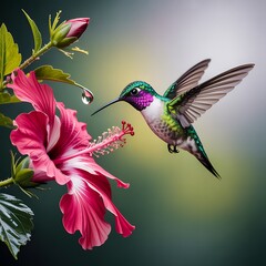 Obraz premium Hummingbird Sips Nectar From Pink Hibiscus With Water Droplet Detail flower