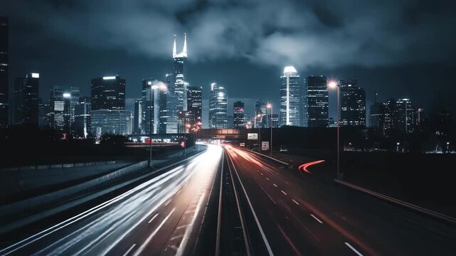 Futuristic mega city night scene with glowing highway light trails and skyscraper reflections under cloudy cyberpunk technology skyline