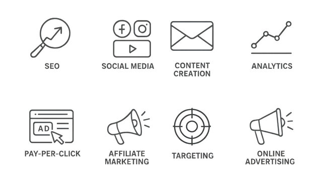 Digital marketing icons including SEO social media content creation analytics pay per click affiliate marketing targeting and online advertising