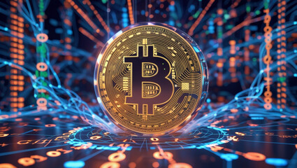 Futuristic 3D Bitcoin Coin with Binary Code and Digital Financial Network Background