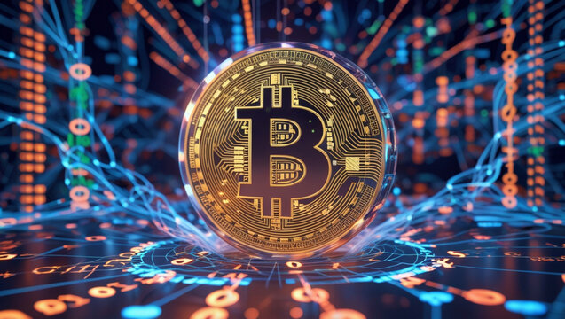 Futuristic 3D Bitcoin Coin with Binary Code and Digital Financial Network Background
