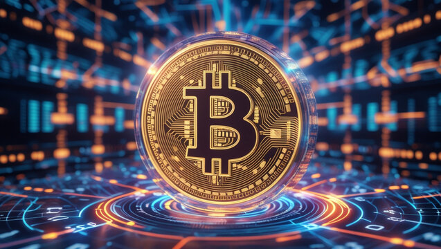 Futuristic 3D Bitcoin Coin with Binary Code and Digital Financial Network Background - Powered by Adobe