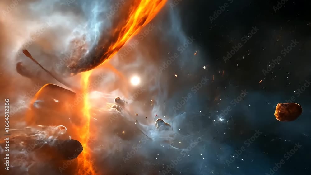 Poster dramatic space scene of meteors colliding and fiery explosions creating a visual spectacle