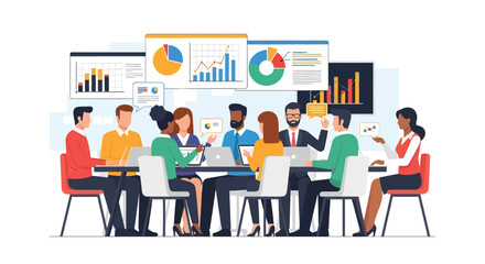 Dynamic diverse team collaborating during a strategic meeting with charts and graphs in a modern office