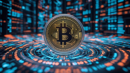 Futuristic 3D Bitcoin Coin with Binary Code and Digital Financial Network Background
