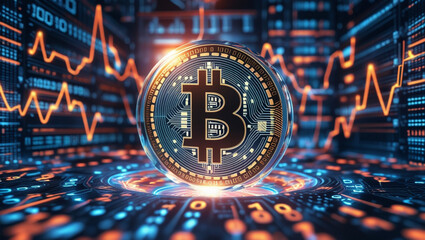 Futuristic 3D Bitcoin Coin with Binary Code and Digital Financial Network Background