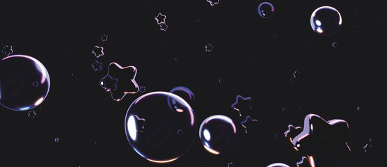 3D render glowing bubbles and stars in the dark.