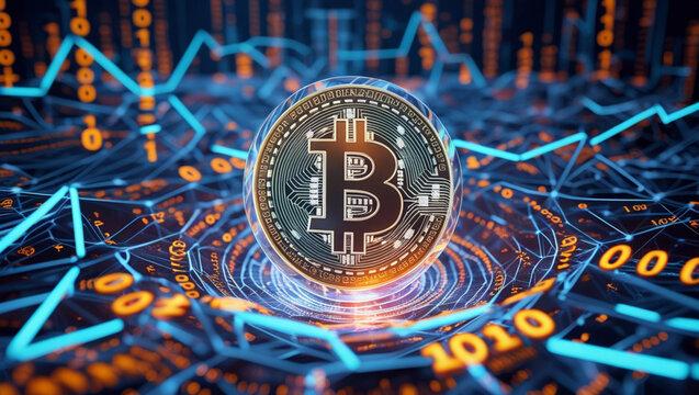 Futuristic 3D Bitcoin Coin with Binary Code and Digital Financial Network Background - Powered by Adobe