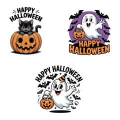 Cute Halloween T Shirt Design Set. Cartoon Ghost, Black Cat in Pumpkin, Trick or Treat, Happy Halloween, Kids Costume Party, Spooky Bat, Festive Illustration for Merch, Stickers, Sublimation