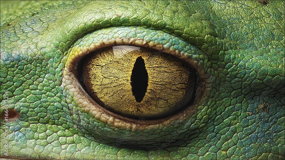 Poster a zoomed-in image of a lizard's eye with a dark circle in its pupil