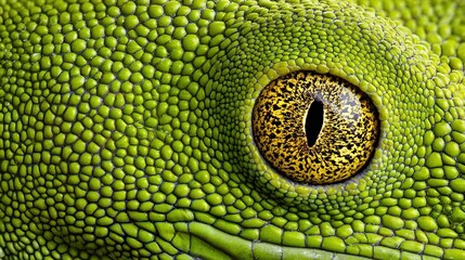Fototapeta premium A macro shot of a green lizard's eye with yellow markings and a dark circle in its pupil