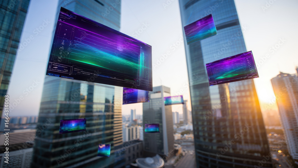 Aufkleber floating screens displaying colorful data visualizations in an urban cityscape setting view