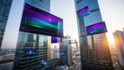 Floating screens displaying colorful data visualizations in an urban cityscape setting view