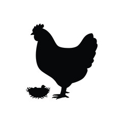 Black silhouette of a hen with a chick in a nest bird